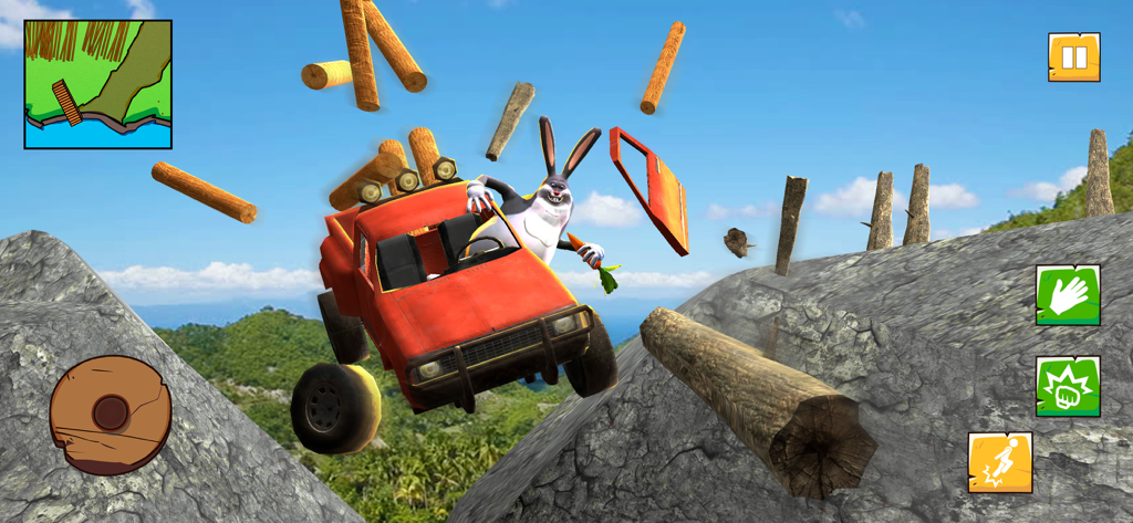 A large rabbit character driving a red truck through the air on a rocky mountain slope with flying logs.