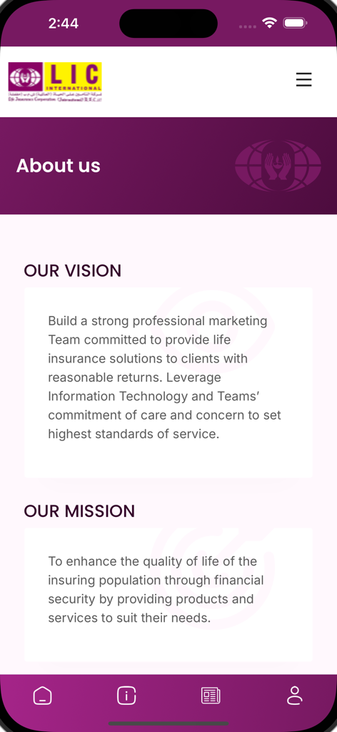 Über uns-Bildschirm der LIC International App mit Visions- und Missionsstatements.