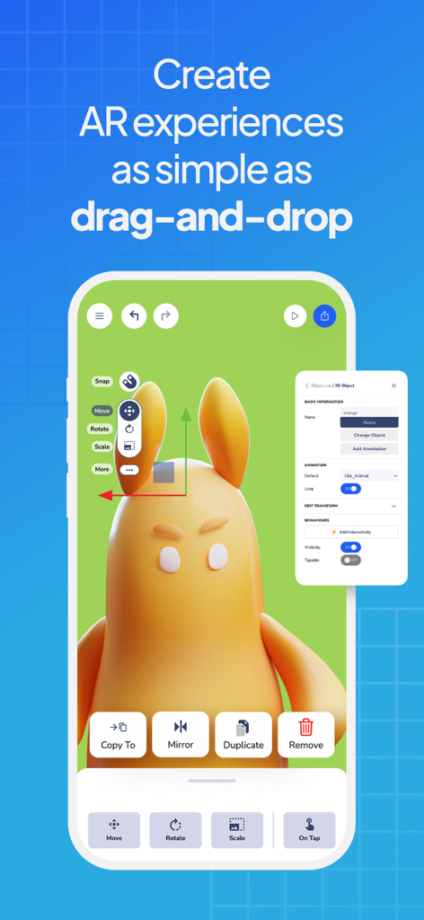 Smartphone-Bildschirm mit dem Assemblr Studio AR-Editor und einem 3D-Charakter sowie Drag & Drop-Tools.