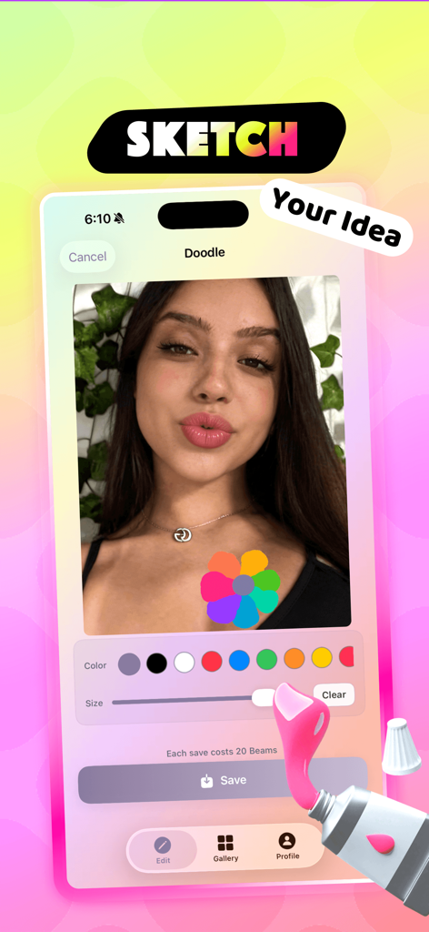 Kael - Calm & Explore - Interface d'une application mobile montrant un griffonnage de fleur colorée dessiné sur le portrait d'une femme avec des outils de peinture numérique.