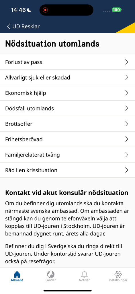 UD Resklar app screen showing emergency situation categories for Swedish travelers abroad.