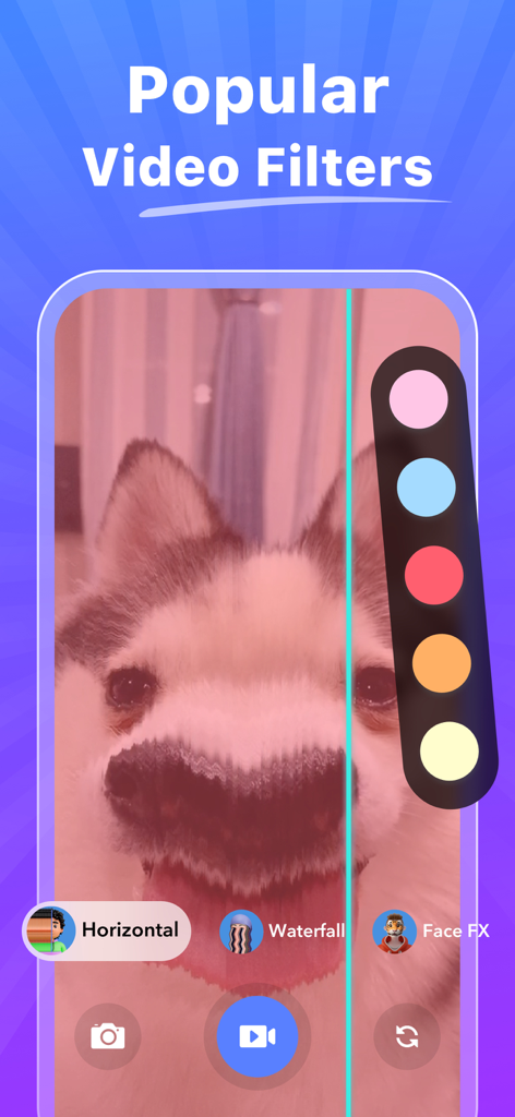 A dog face distorted by the blue line time warp scan filter in the TimeWarp app interface.