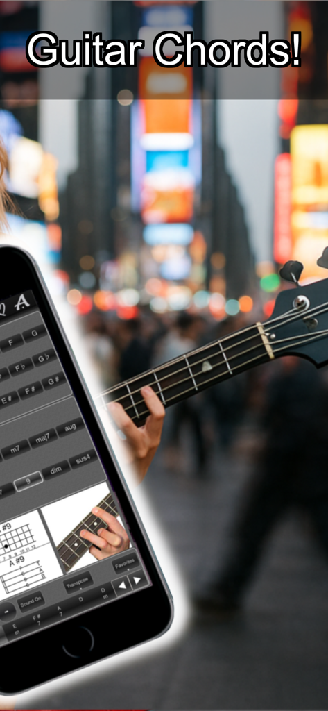 120 Bass Chords - Pantalla de teléfono móvil mostrando la aplicación 120 Acordes de Bajo con diagramas de diapasón y posiciones de dedos