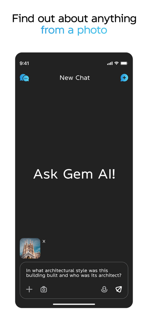 Pantalla de chat de la aplicación Gem AI que muestra a un usuario preguntando sobre la arquitectura de un edificio a partir de una foto cargada.