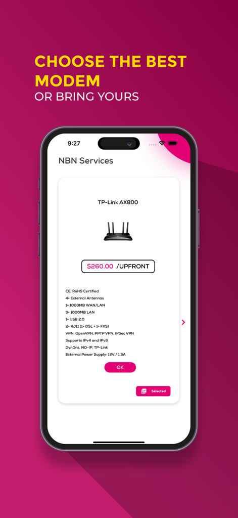 My Telsim - Mobile app screen for choosing an NBN modem showing a TP-Link AX800 model and its specifications