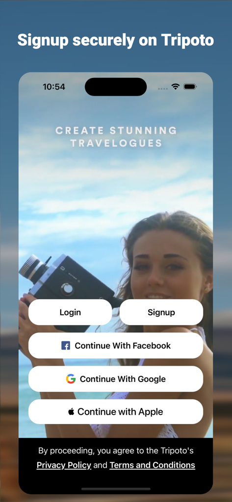 Tripoto app signup and login screen showing options for social media authentication and creating travelogues.