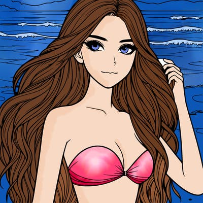 realistic girl with long hair with bathing suit on the beach