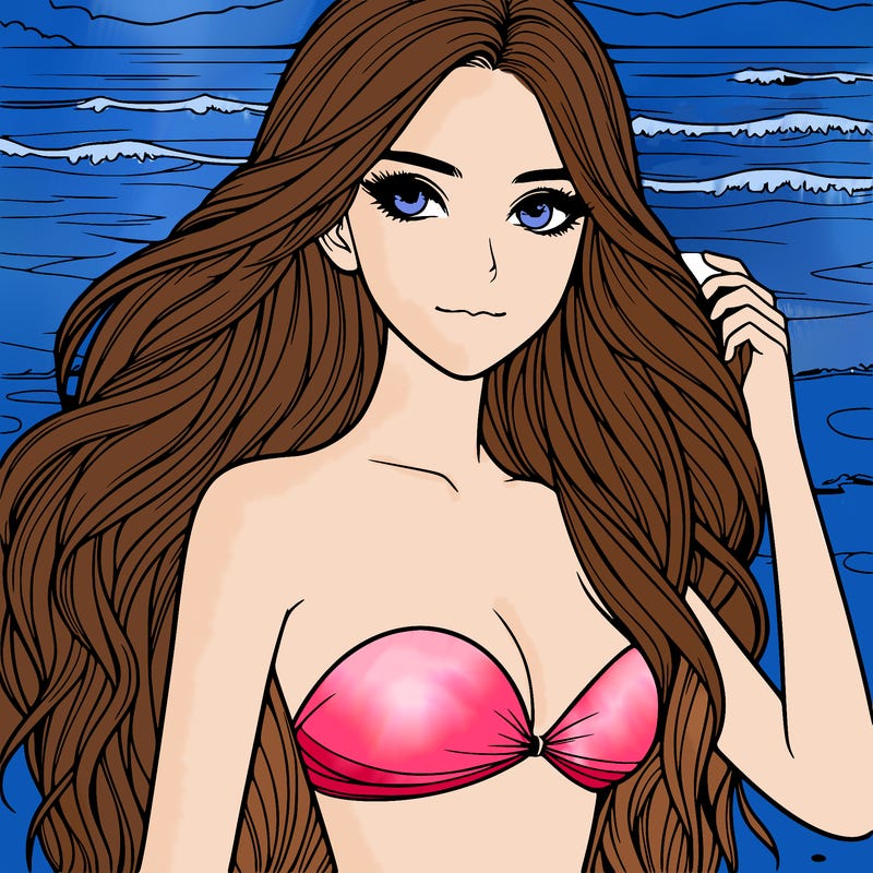 realistic girl with long hair with bathing suit on the beach