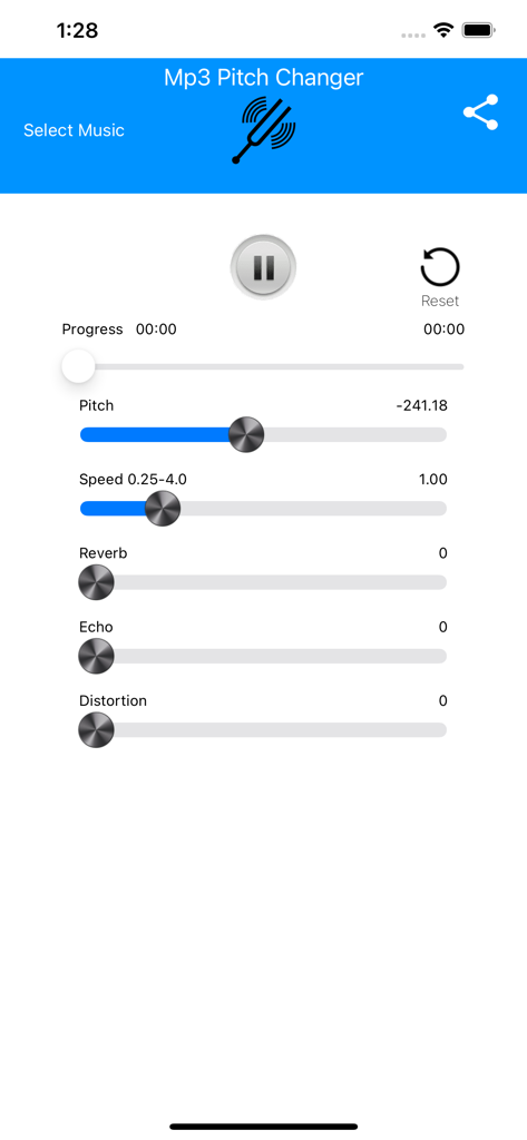 MP3 Pitch Changer - Main control screen of the MP3 Pitch Changer app showing sliders for pitch speed reverb and echo effects