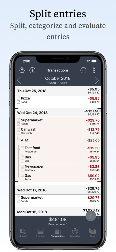 My Budget Book Pro Edition - iPhone screenshot of the My Budget Book Pro app showing how to split a single ATM transaction into multiple categories like food and gas