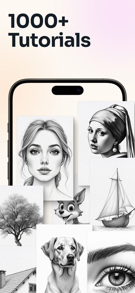 AR Drawing: Trace & Sketch Art - A mobile screen showing a variety of drawing templates like portraits, animals, and nature with text saying 1000 plus tutorials.