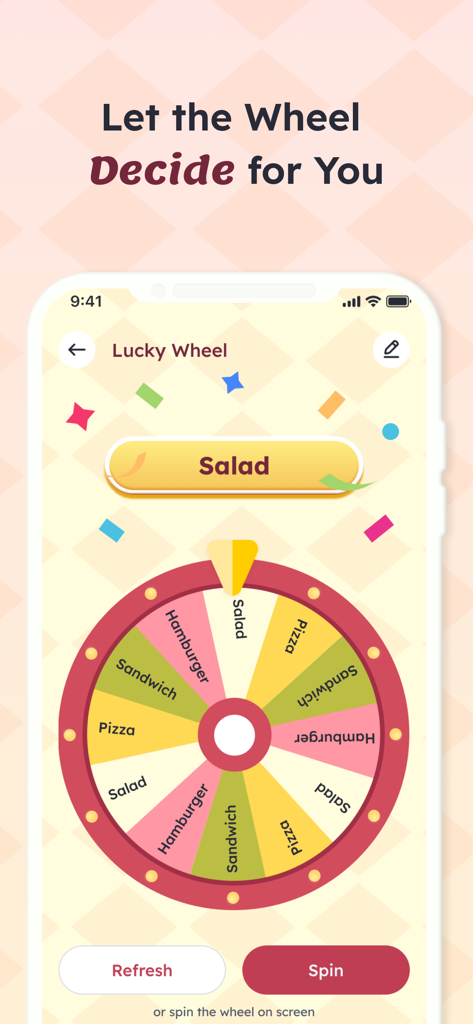 RandomX: Randomizer - Screenshot of the RandomX Lucky Wheel feature helping a user decide what to eat with options like salad and pizza