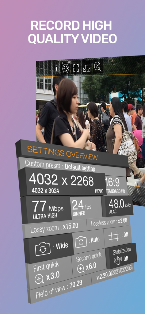 Guerrilla Filmmaker: Camera - Guerrilla Filmmaker app displaying advanced video recording settings like resolution and bitrate