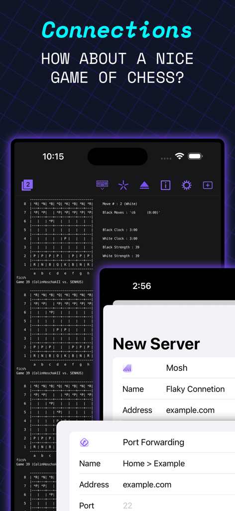Prompt 3 - Prompt 3 terminal app showing an ASCII chess game and server connection settings on iPhone.