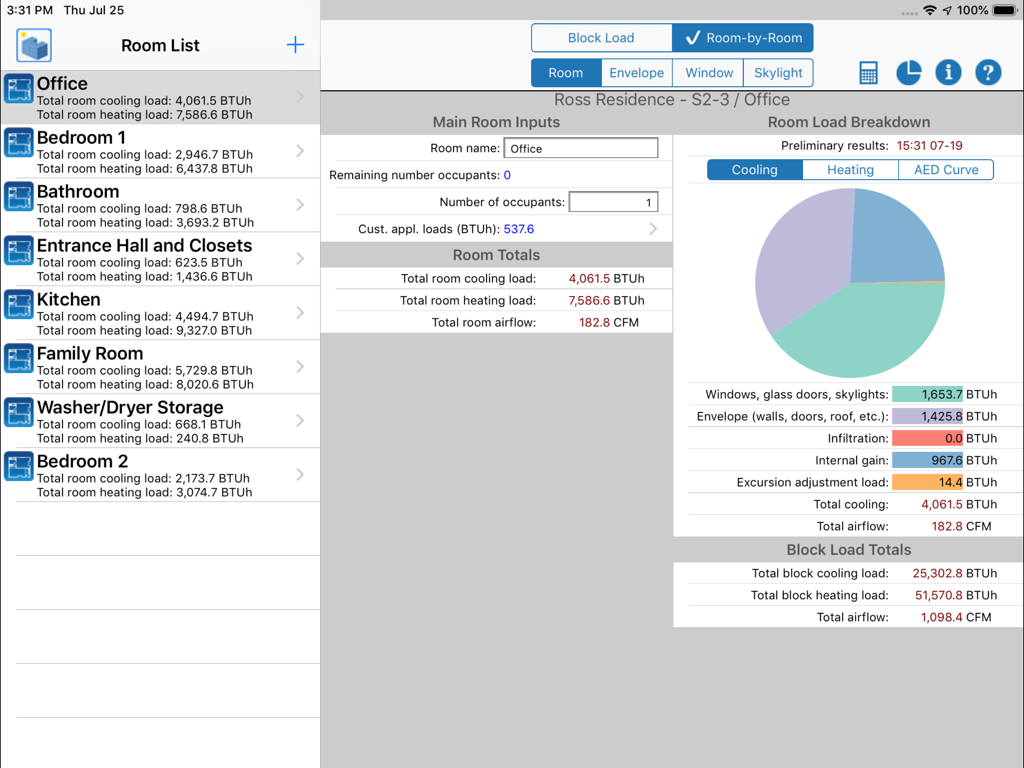HVAC ResLoad-J - HVAC ResLoad-J app interface showing a room list and detailed cooling load breakdown with a pie chart on an iPad.