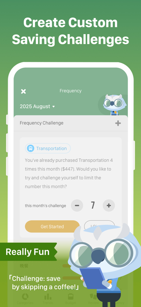 Interface of the Fortune City app showing a feature for creating custom saving challenges with a cute owl mascot.