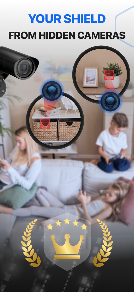 Analyzer Camera Detector Pro.X - Una famiglia in un soggiorno protetta dall'interfaccia di un'app di rilevamento telecamere nascoste che mostra il rilevamento di lenti di telecamere