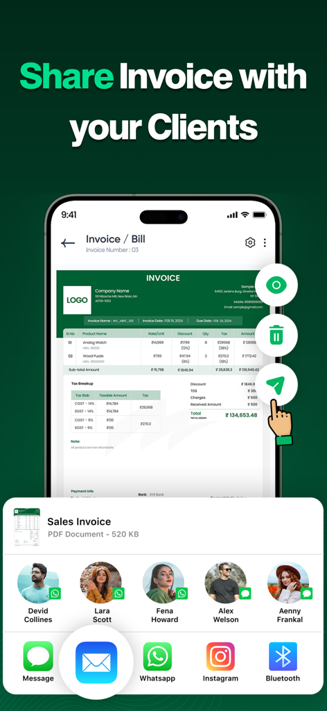 Mobile app interface displaying a professional invoice with options to share it via WhatsApp and email