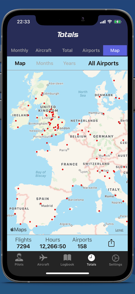 Swift Pilot Logbook totals screen featuring a map of airports and flight statistics