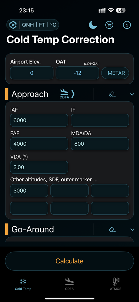 ColdTempCorr - Aviation flight planning interface for calculating altitude corrections in cold temperatures during approach and go-around phases.