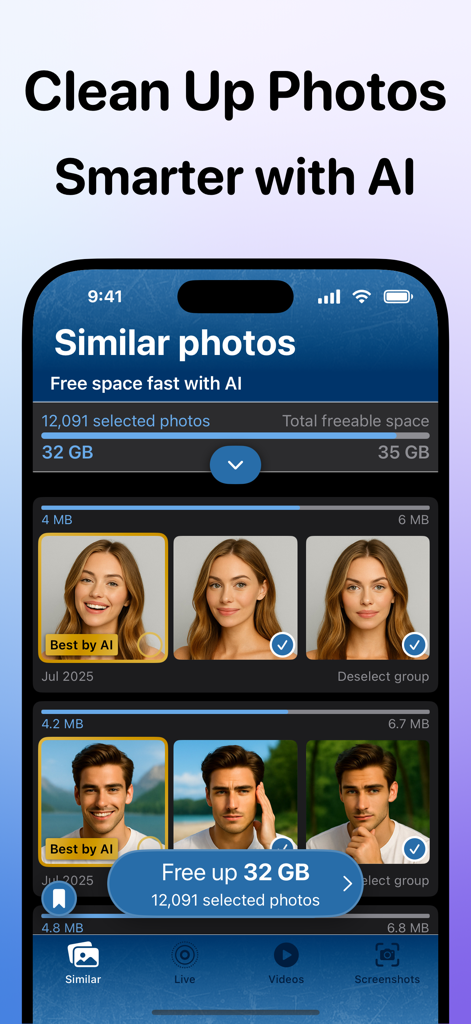 AI Storage Photo Cleaner - Interface de l'application AI Storage Photo Cleaner identifiant des photos similaires à supprimer pour libérer 32 Go de stockage