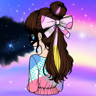 realistic girl  with hip length hair a bun and a big bow on the back of head