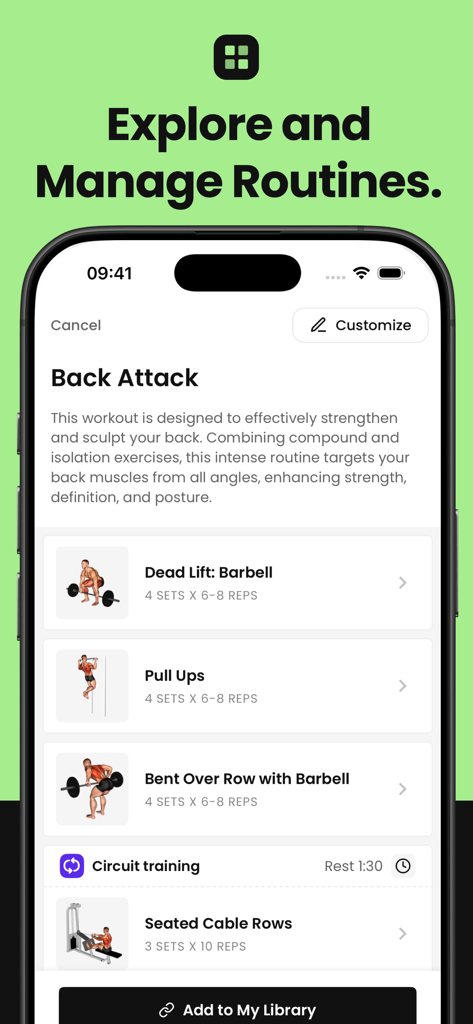FitHero app interface showing a back training routine with exercise details and set counts