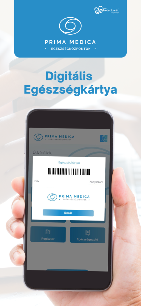 PrimaMedica App - A hand holding a smartphone displaying the Prima Medica digital health card with a patient barcode