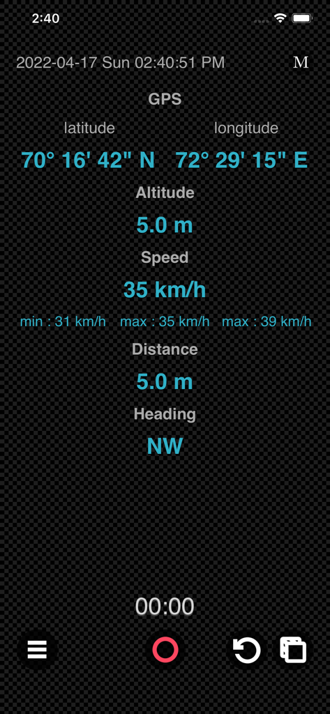 Interface móvel GPS Logger Plus exibindo coordenadas em tempo real, altitude, velocidade e direção