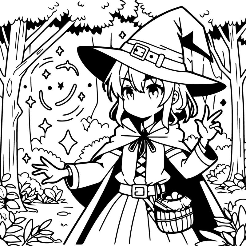 anime witch practicing her magic in forest