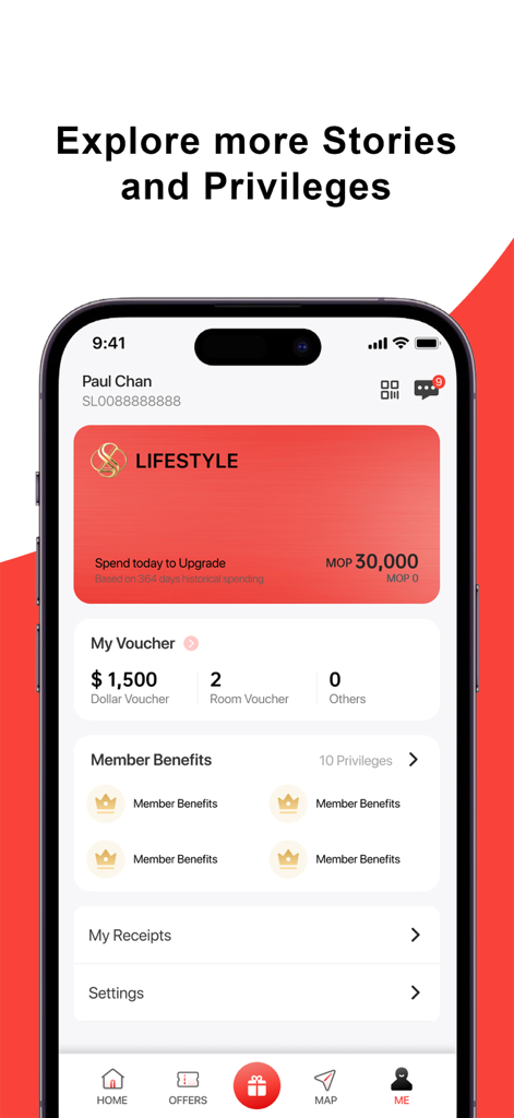 Sands Lifestyle - Sands Lifestyleアプリのプロフィール画面。会員ステータスと利用可能な特典バウチャーが表示されています。