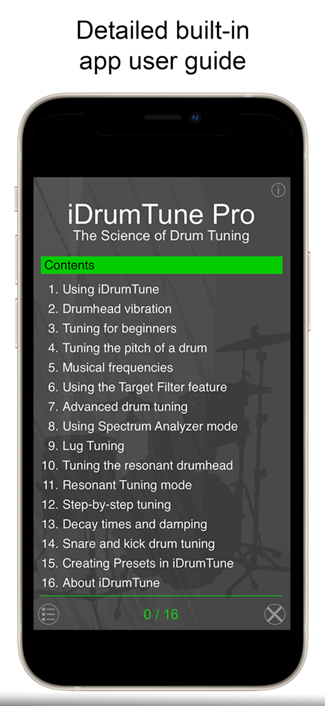 Drum Tuner - iDrumTune Pro - A screenshot of the iDrumTune Pro app showing the table of contents for the built-in Science of Drum Tuning user guide.