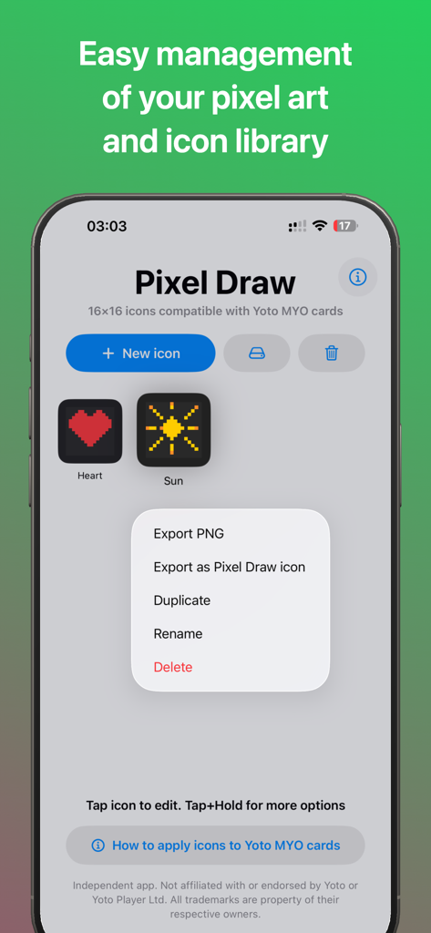 Pixel Draw 16x16 app interface showing the icon library and export options for Yoto MYO cards