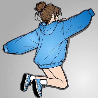 realistic girl jumping with a bun and oversized sweatshirt