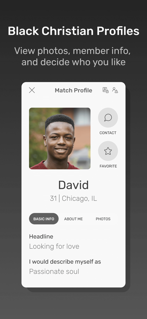 Black Christian Soulmates App - Una tarjeta de perfil de usuario en la aplicación de citas Black Christian Soulmates que muestra a un hombre llamado David de Chicago