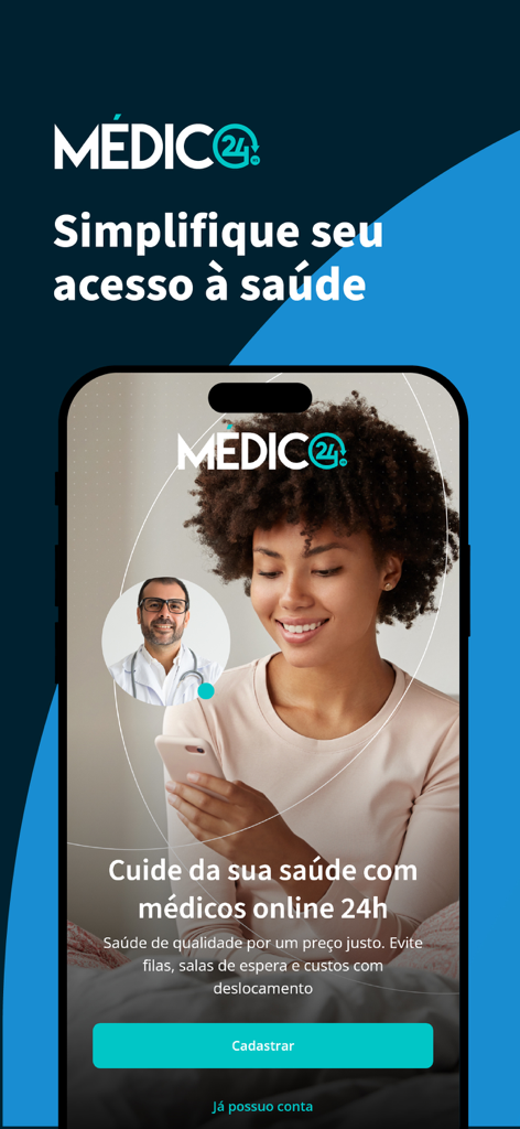 Médico24hs - Teleconsulta - Un smartphone mostrando la interfaz de la aplicación Medico24hs con una mujer consultando a un médico en línea las 24 horas del día