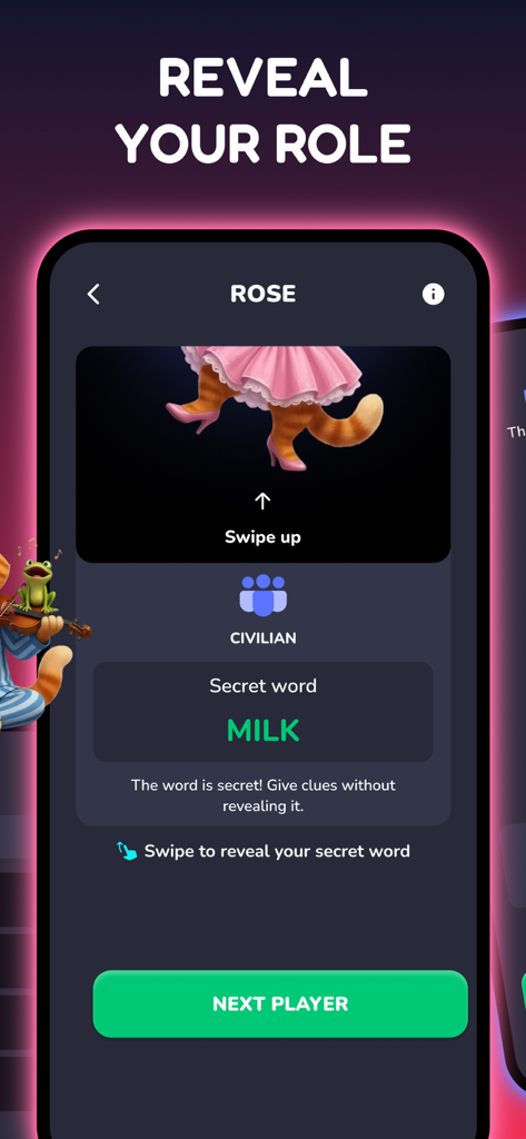 Screenshot della schermata di rivelazione del ruolo nel gioco di festa Imposter che mostra il ruolo Civile e la parola segreta Latte.
