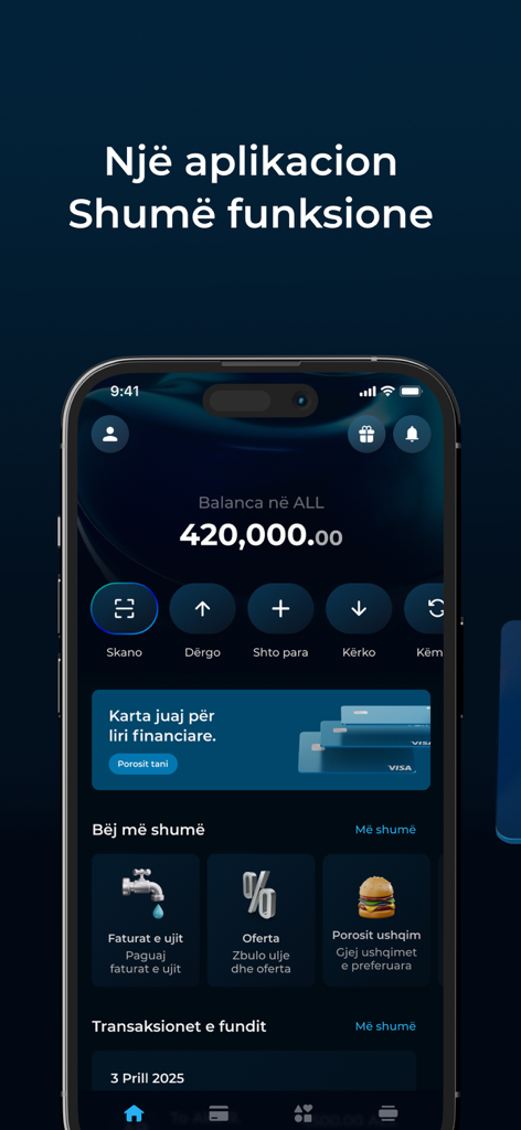 POK - Main dashboard of the POK fintech mobile application showing account balance and financial service icons