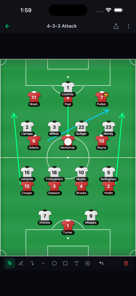 Soccer Board - Manage tactics - A digital soccer tactical board displaying a 4-3-3 attack formation with player icons and movement arrows
