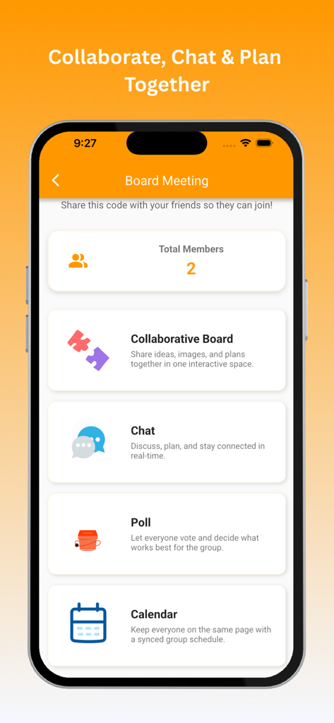 WeweVibe - Local Vibe Finder - Interface showing group planning tools like chat and collaborative boards in the WeweVibe app