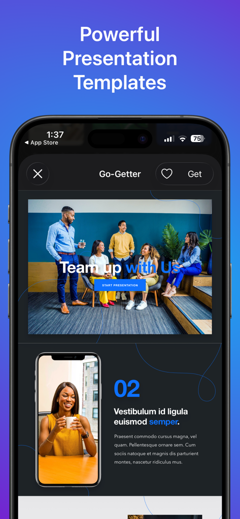 Templates for Canva - プロフェッショナルなビジネスプレゼンテーションテンプレートを表示するモバイルアプリインターフェイス