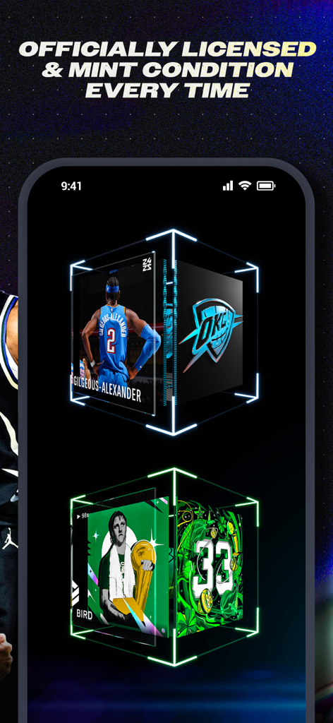 NBA Top Shot - NBA Top Shot app interface showing 3D digital collectible moments of Shai Gilgeous-Alexander and Larry Bird.