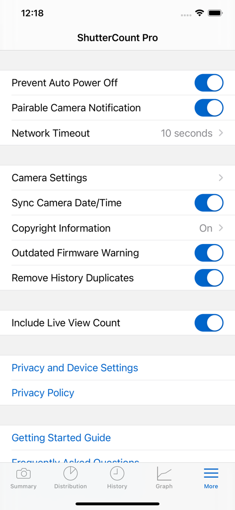 The settings menu in the ShutterCount Pro Mobile app showing camera management and notification options