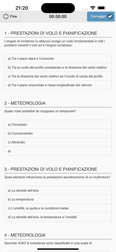 Quiz Droni A2 - Screenshot of the Quiz Droni A2 app showing multiple choice questions on flight performance and meteorology