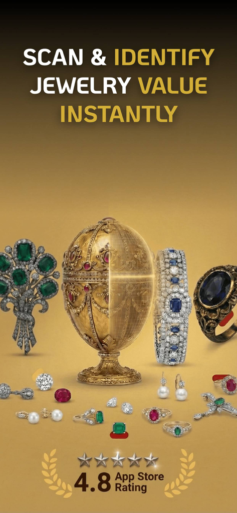 A promotional image for the Gemly app showing various luxury jewelry pieces and the text scan and identify jewelry value instantly.