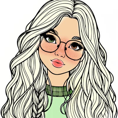 girl with long hair and freckles and glasses realistic