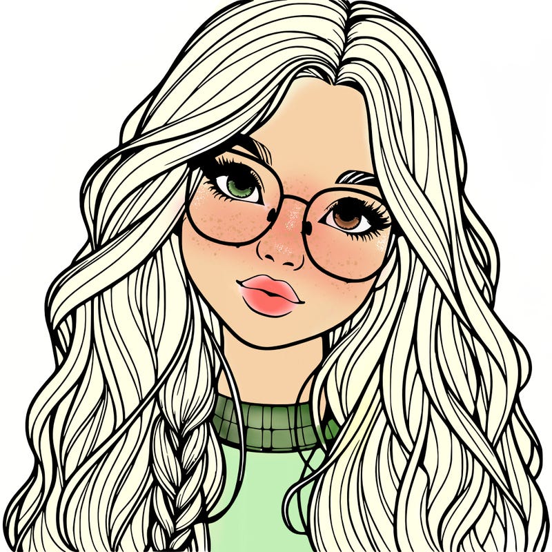 girl with long hair and freckles and glasses realistic