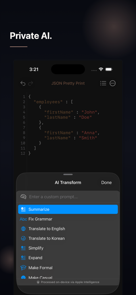 Screenshot of the TextNova app showing a JSON editor with an AI Transform menu featuring summarize and translation options processed on device
