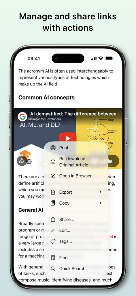 GoodLinks app interface showing a menu of link management actions like Print Export and Share on an iPhone