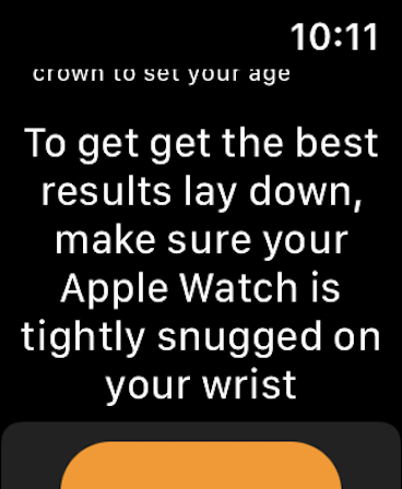 Pantalla de Apple Watch mostrando instrucciones para acostarse y asegurar que el reloj esté ajustado en la muñeca para una medición precisa de VO2 Máximo